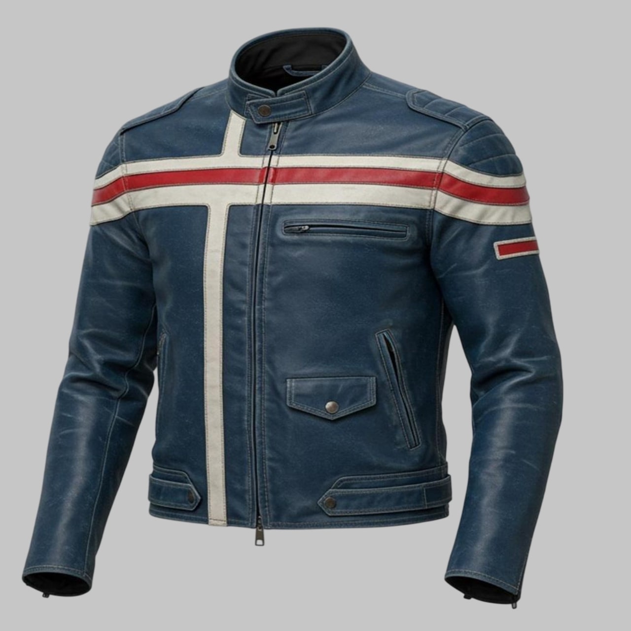 Avanzar Blue Leather Racer Moto Biker Jacket with Stripes