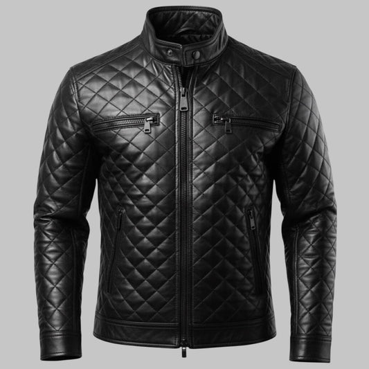 Avanzar Handmade Quilted Men Black Leather Padded Bomber Jacket