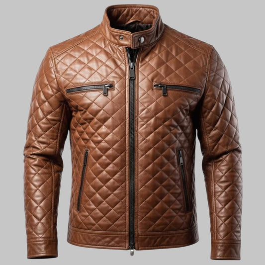 Avanzar Handmade Quilted Men Brown Leather Padded Bomber Jacket
