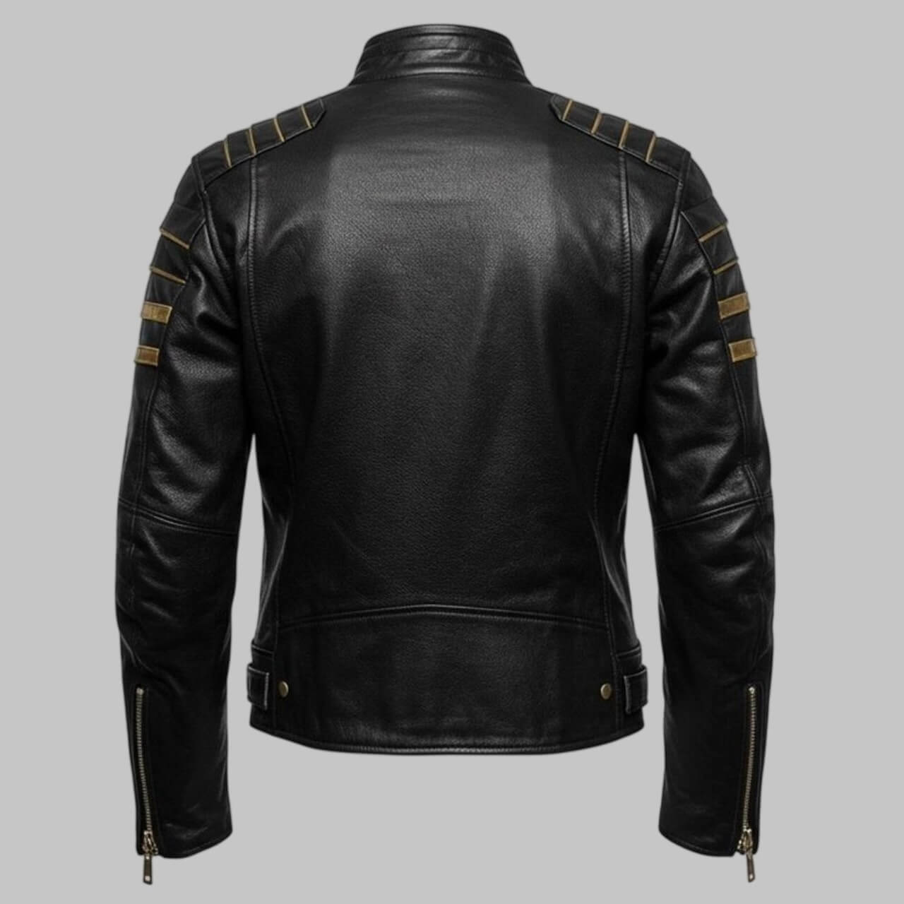 Avanzar Men Handmade Black Leather Biker Jacket with Gold Racing Stripes