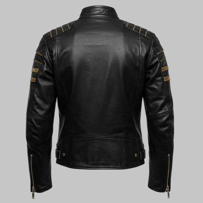 Avanzar Men Handmade Black Leather Biker Jacket with Gold Racing Stripes