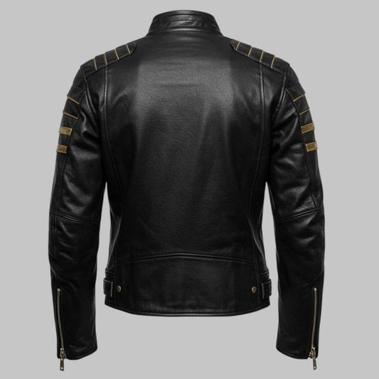 Avanzar Men Handmade Black Leather Biker Jacket with Gold Racing Stripes