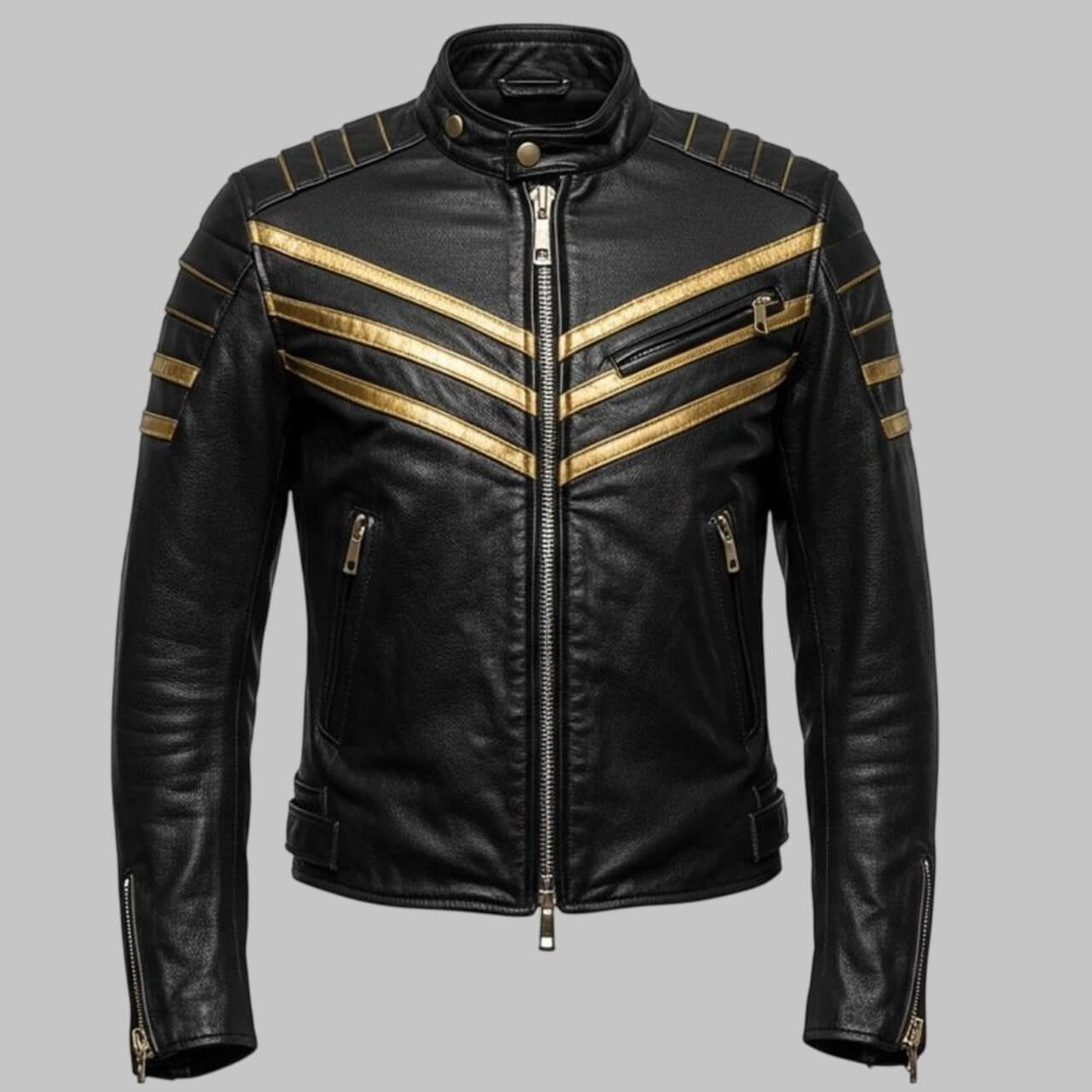 Avanzar Men Handmade Black Leather Biker Jacket with Gold Racing Stripes
