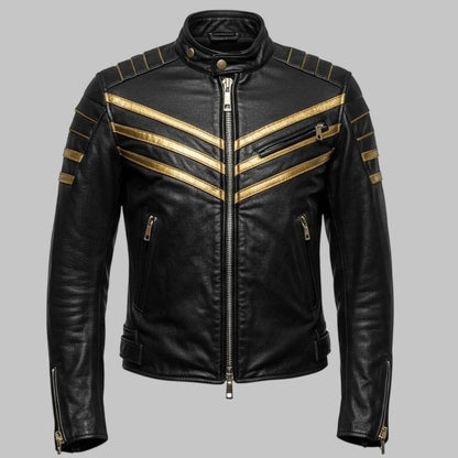 Avanzar Men Handmade Black Leather Biker Jacket with Gold Racing Stripes