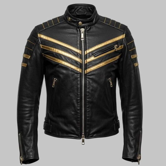 Avanzar Men Handmade Black Leather Biker Jacket with Gold Racing Stripes