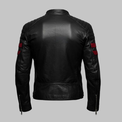 Avanzar Men Handmade Black Motorcycle Leather Jacket with Red Stripes