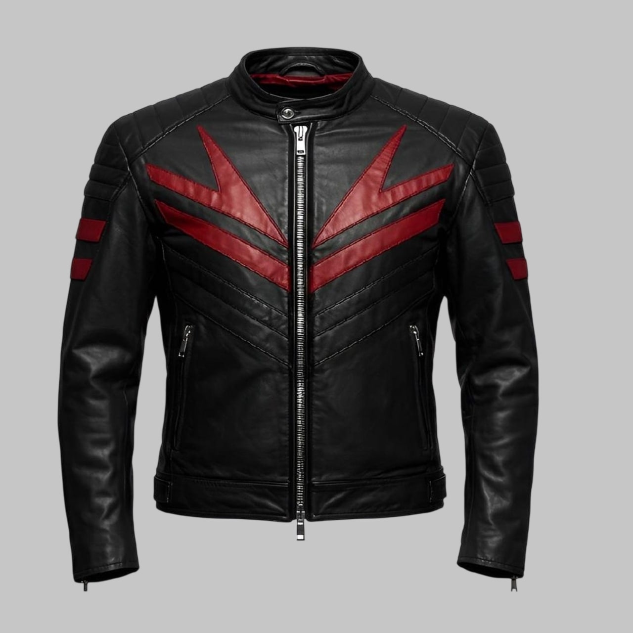 Avanzar Men Handmade Black Motorcycle Leather Jacket with Red Stripes