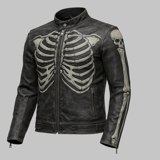 Avanzar Men Handmade Skeleton Design Leather Biker Jacket