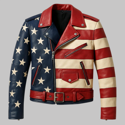 Avanzar Vintage Men American Flag Handmade Leather Biker Jacket