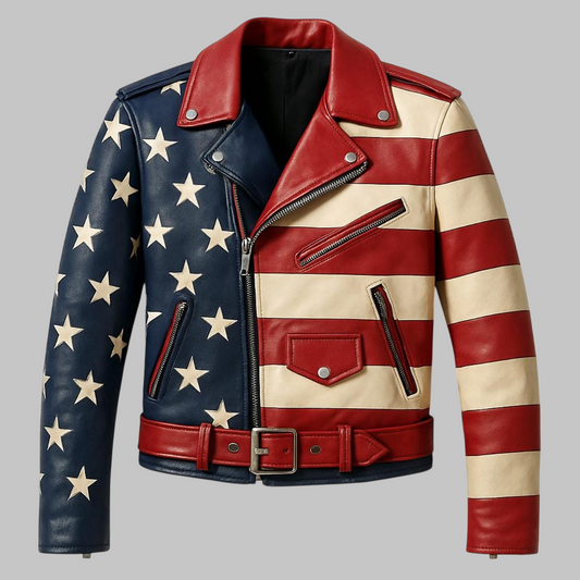 Avanzar Vintage Men American Flag Handmade Leather Biker Jacket