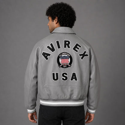Back view grey Avirex sheepskin leather flight varsity jacket