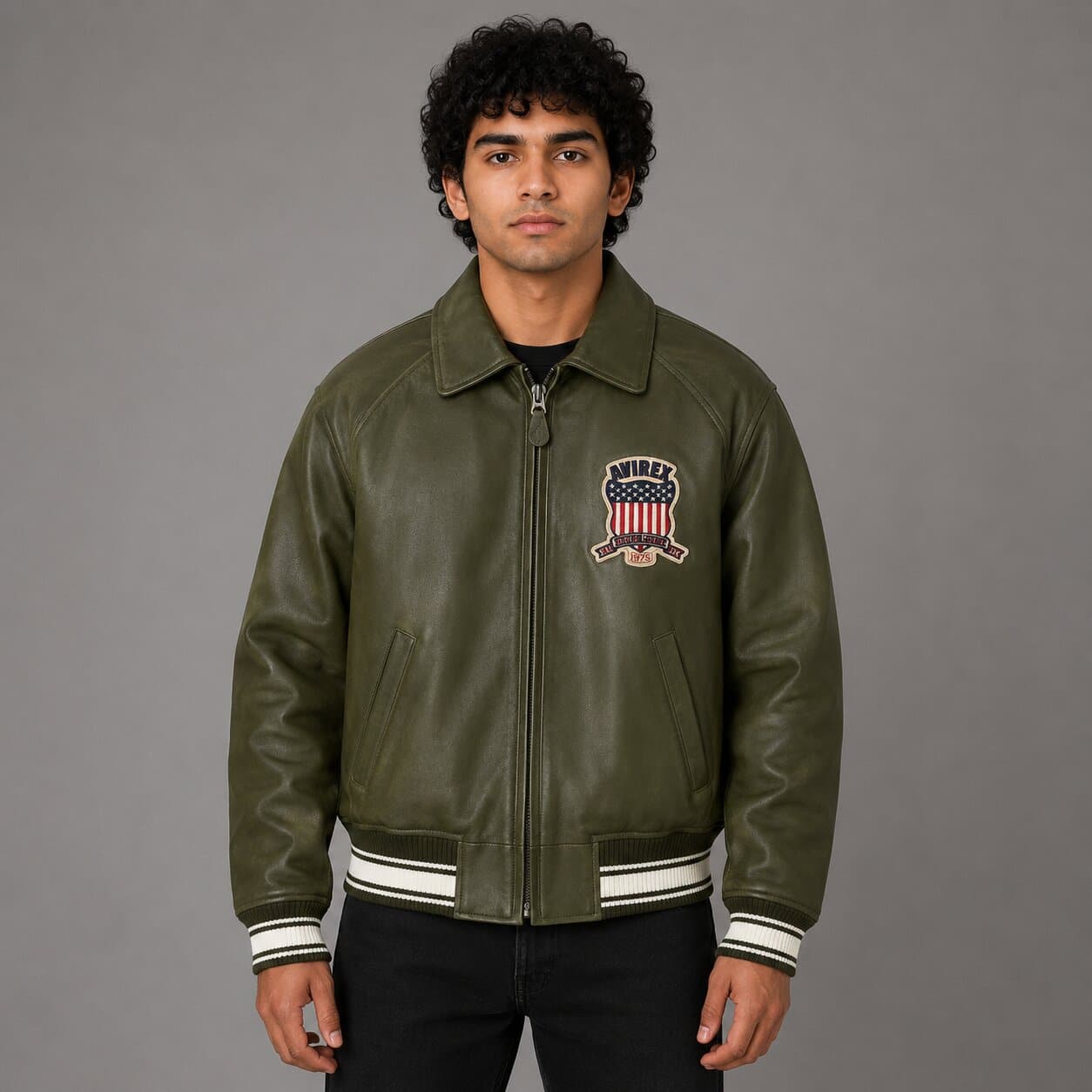 Front view Avirex green sheepskin leather flight bomber jacket for men