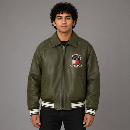 Front view Avirex green sheepskin leather flight bomber jacket for men