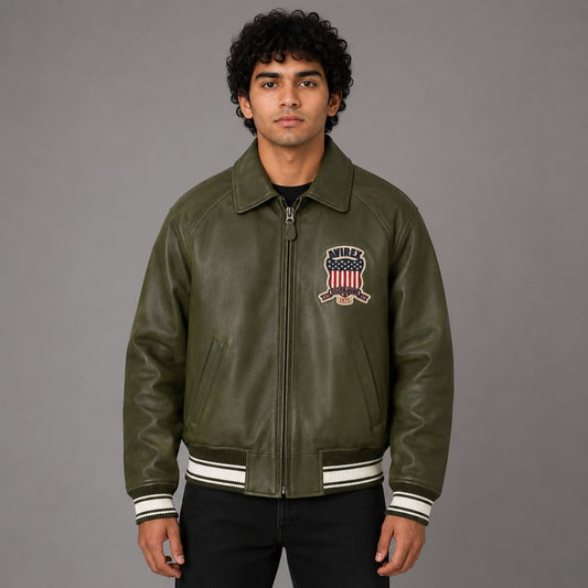 Front view Avirex green sheepskin leather flight bomber jacket for men