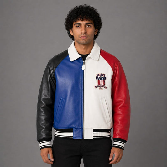 Front view Avirex multicolor icon sheepskin leather bomber jacket men