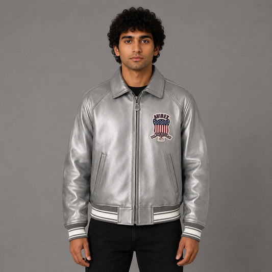 Front view of Avirex silver sheepskin leather flight bomber jacket men