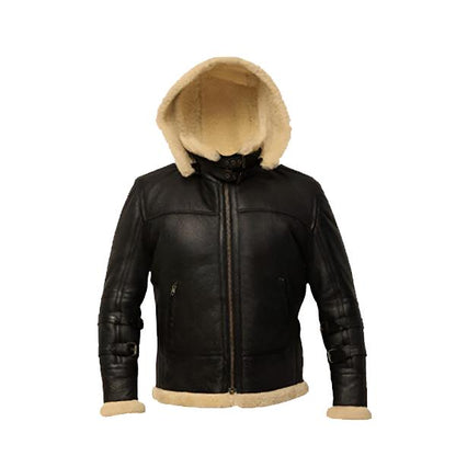 B3 Black Bomber Real Shearling Leather Jacket - Removable Hooded & Stylish