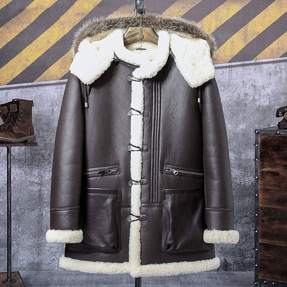 Men's Brown B3 Bomber Jacket with Hooded Leather Shearling Coat