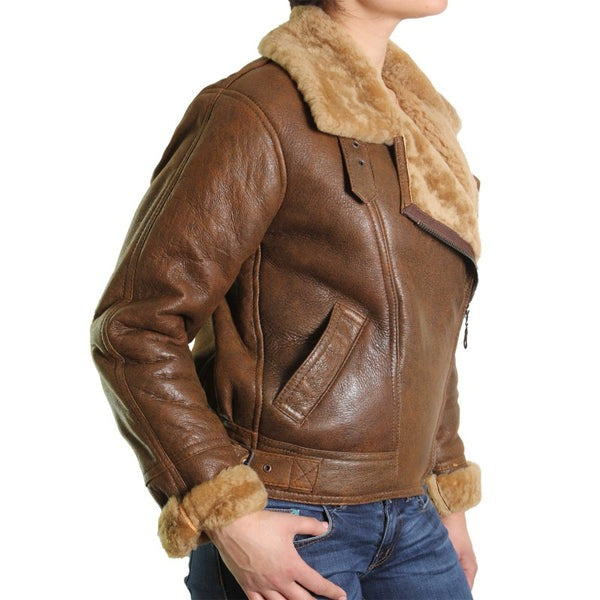 Women’s Brown Leather Sheepskin Shearling Jacket by Avanzar Leather