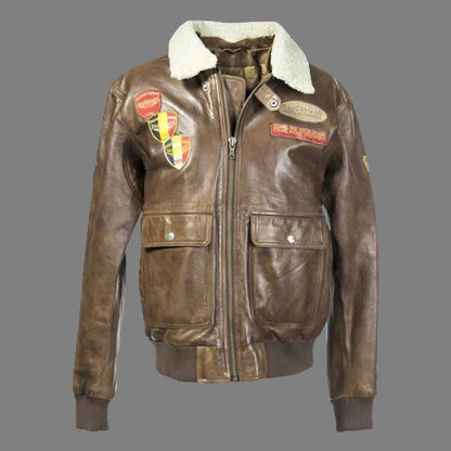 Brown Leather Aviator Jacket with Badges