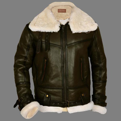 Army Green Men’s B3 Bomber Shearling Leather Jacket