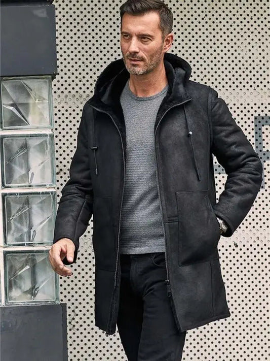 Men's Black B7 Bomber Shearling Leather Coat