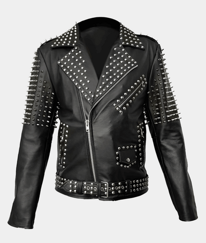 Men's Black Studded Biker Leather Jacket by Avanzar