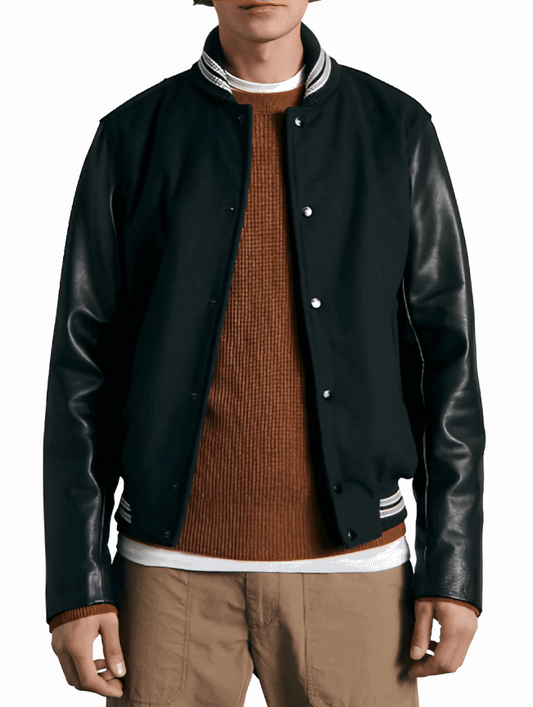 Men's Black Varsity Bomber Leather Jacket by Avanzar