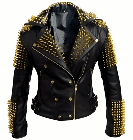 Men's Black Gold Studded Leather Biker Jacket by Avanzar