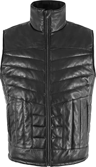 Men's Quilted Puffer Leather Vest In Black