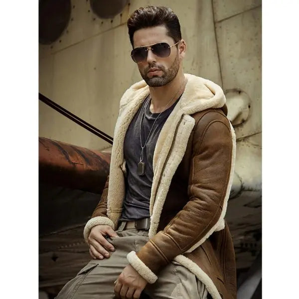 Men's Brown Shearling Leather Coat with Hood