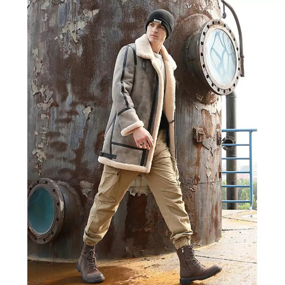 Men's Gray Shearling Leather Coat with Removable Hood