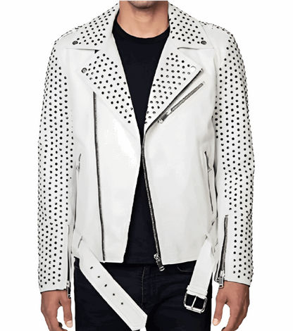 Men's White Studded Biker Leather Jacket