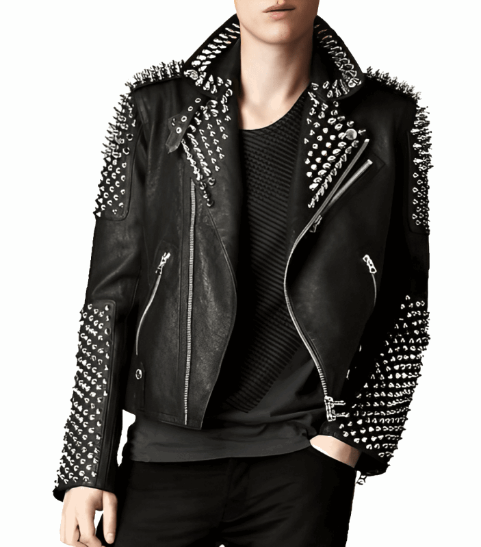 Men's Black Studded Leather Biker Jacket by Avanzar