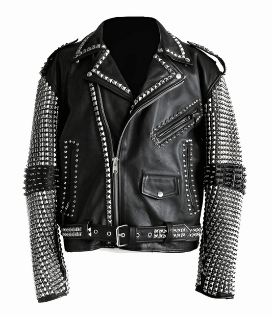 Men's Black Studded Leather Biker Jacket by Avanzar