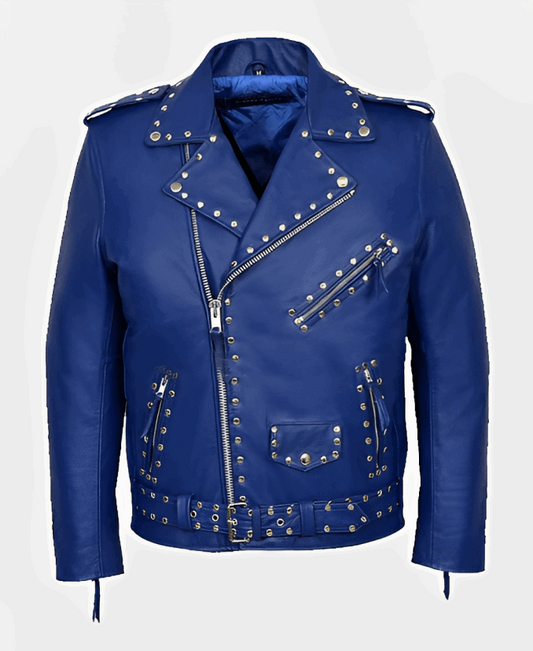 Men's Blue Studded Leather Biker Jacket by Avanzar