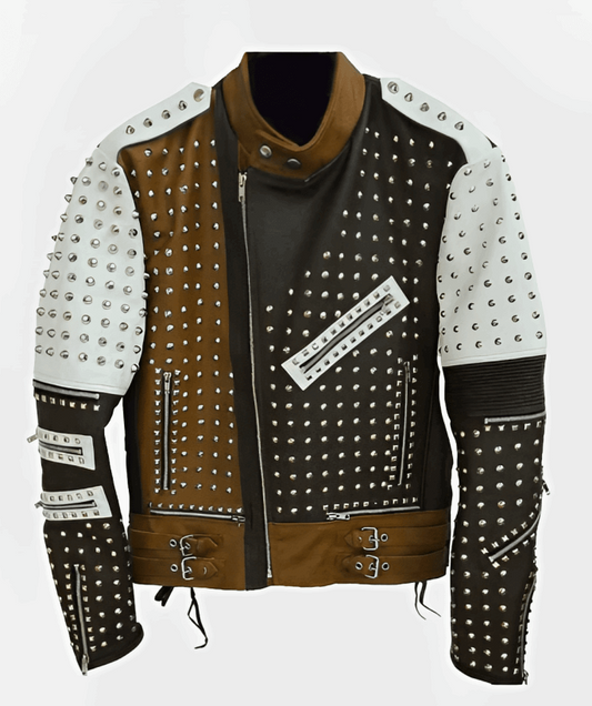 Men's Brown & White Studded Leather Biker Jacket by Avanzar