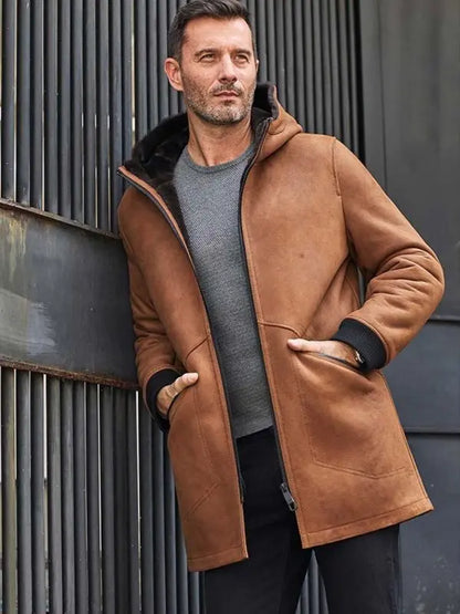 Men's Brown Leather Shearling Coat with Hood