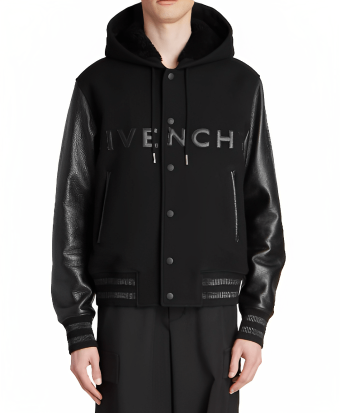 Men's Black Varsity Bomber Leather Jacket with Hood by Avanzar