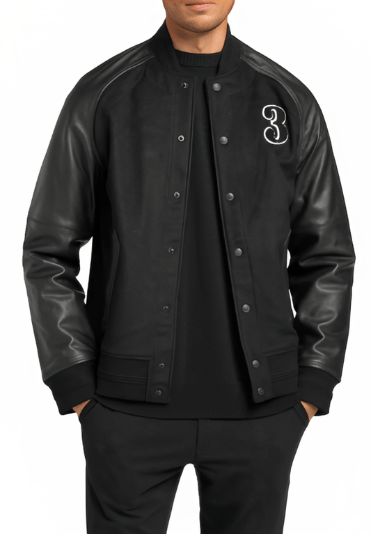 Men's Black Varsity Bomber Leather Jacket by Avanzar