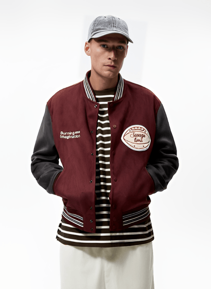 Men's Varsity Bomber Leather Jacket in Classic Red