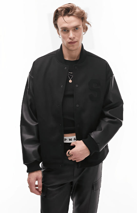 Men's Black Varsity Leather Bomber Jacket by Avanzar