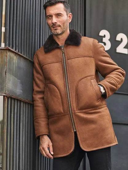 Men's Brown Leather Shearling Coat