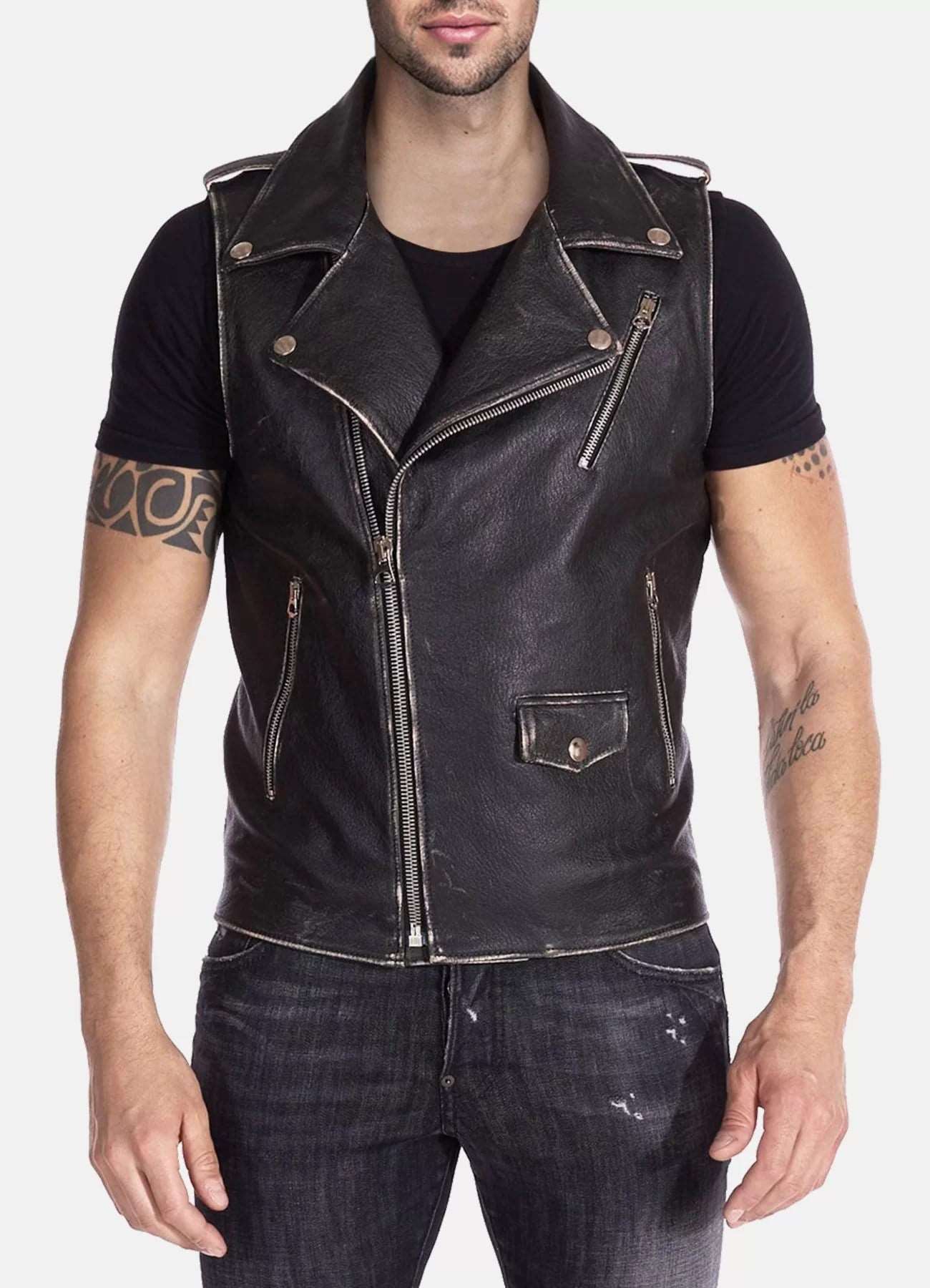 Men's Distressed Leather Biker Vest In Black