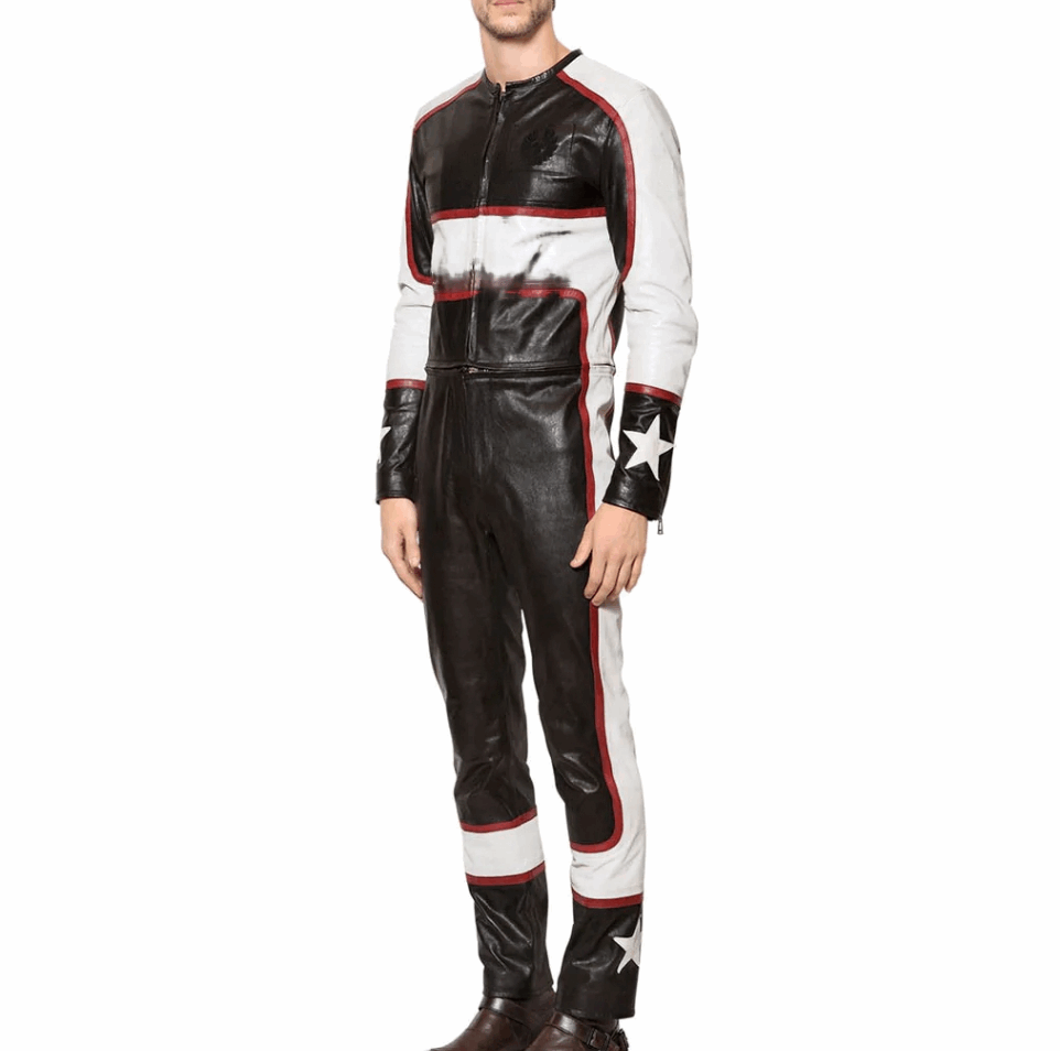 Men's Black Distressed Leather Racing Jumpsuit