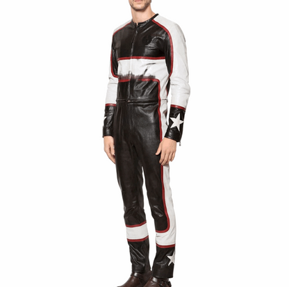 Men's Black Distressed Leather Racing Jumpsuit