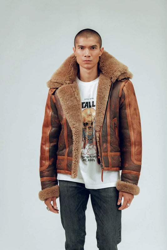 Men's Distressed Sheepskin Leather Shearling Jacket in Brown Rugged Warmth with Timeless Appeal