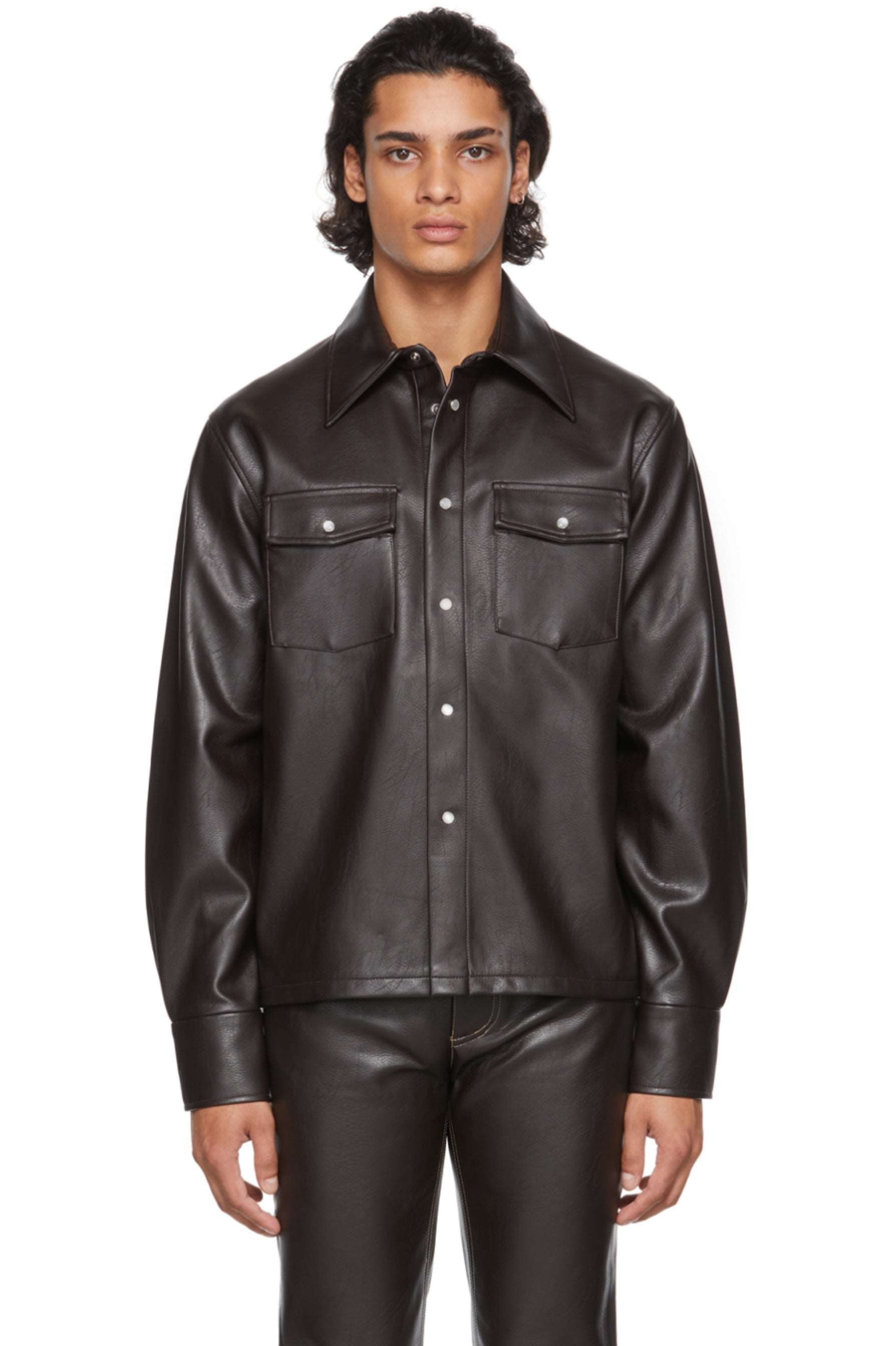 Men's Black Full Sleeve Trucker Leather Shirt