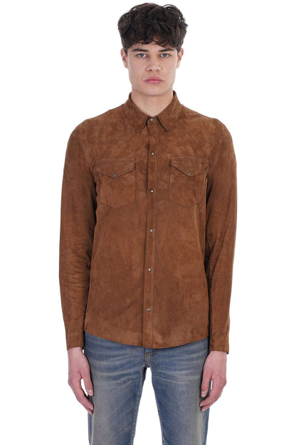  Men's Tan Brown Full Sleeve Suede Leather Shirt