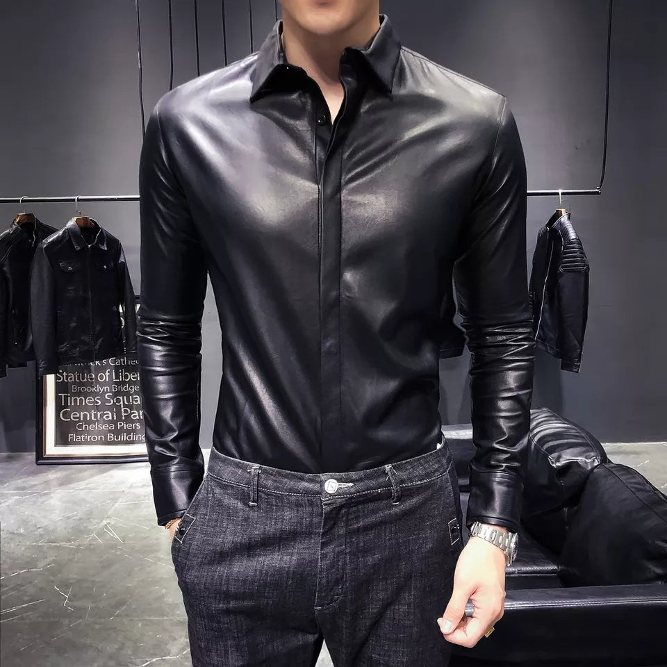 Men's Trendy Black Full Sleeve Leather Shirt